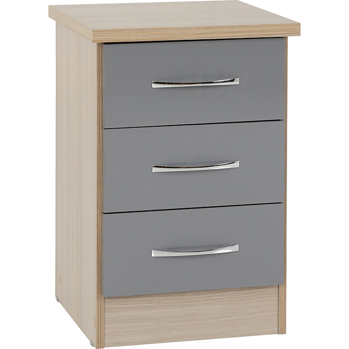 Nevada 3 Drawer Bedside Chest In Grey Gloss & Light Oak Effect